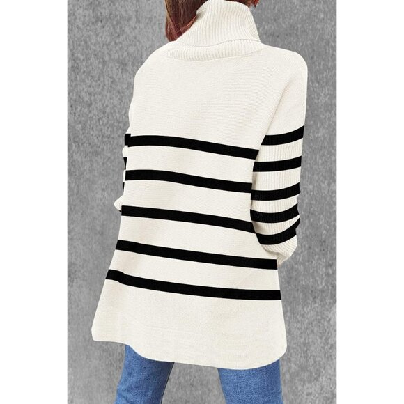 Women's Oversized Striped Turtleneck Sweater Viscose Nylons Polyester - Picture 4 of 5